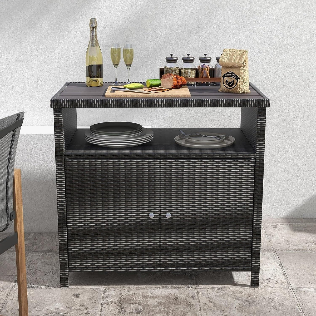 Cabinet Brown Coated Shelf, Dark Wicker Steel, AUCHI Powder Resin with Indoor exterior Wicker, All Storage 2-Door climate