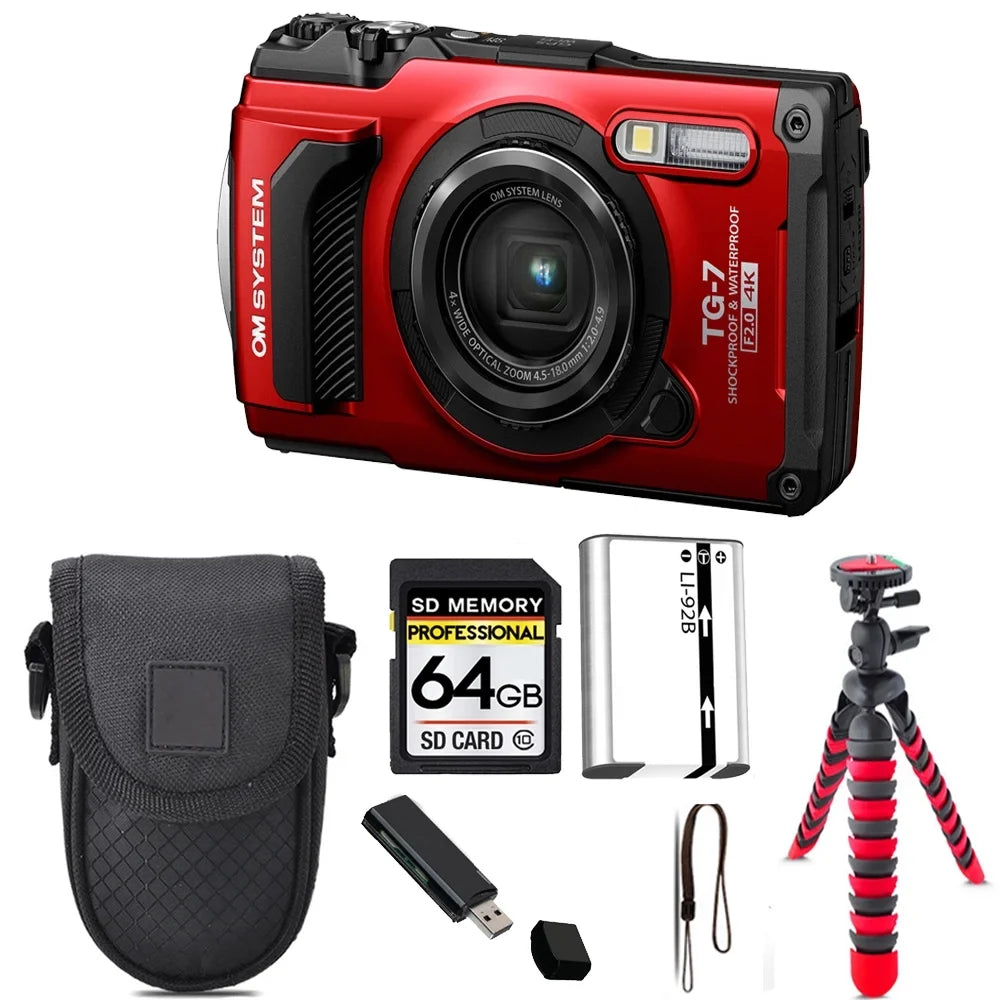 (Red) Digital SYSTEM - Tripod Olympus 64GB TG-7 OM Case + Tough Camera Kit +