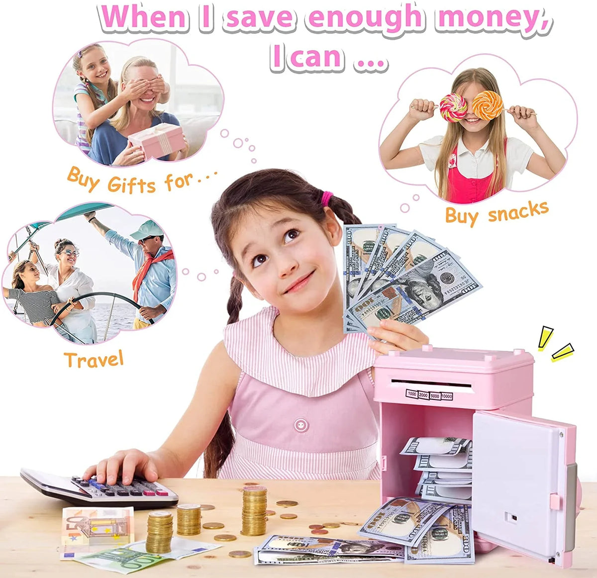Gifts Digital (Pink/Silver) Money Kids Money ATM ATM Savings Real Kids Coin Password Saving Bank Cash for Piggy Girls Toy Boys Bank Mini Electronic Box Adult Savings Safe Machine