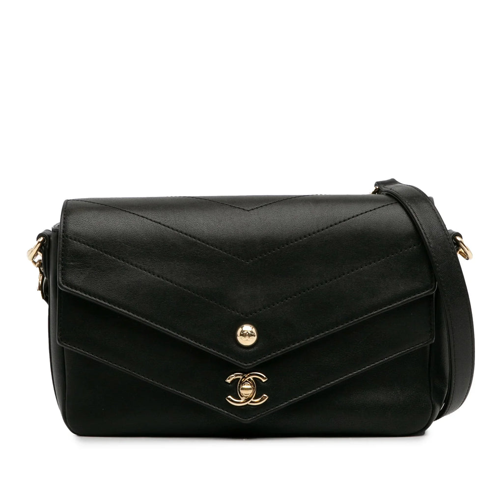 Pre-Owned Black (Good) Elaphe Flap Authenticated Chevron Double Satchel skin Leather Calf Unisex