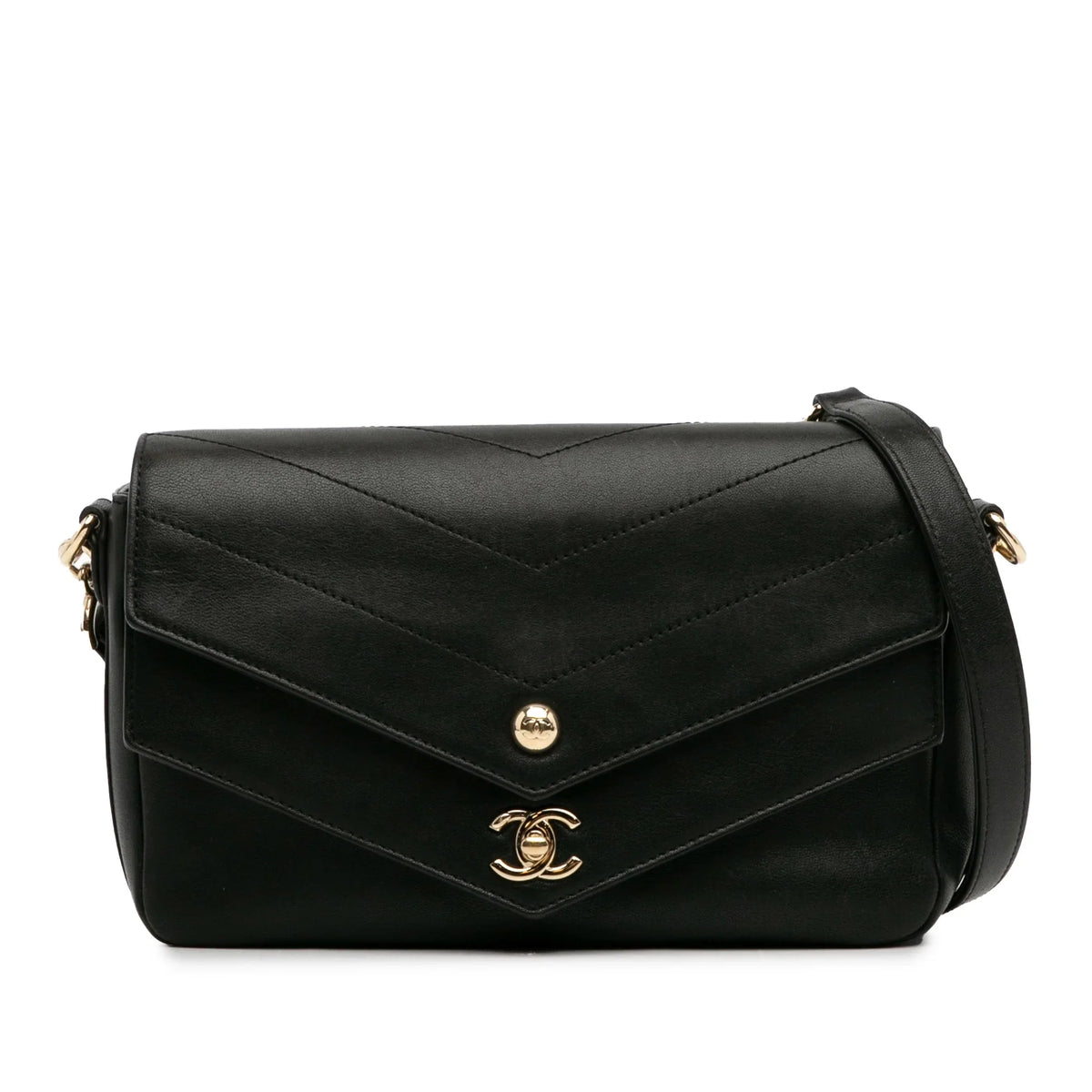 Pre-Owned Black (Good) Elaphe Flap Authenticated Chevron Double Satchel skin Leather Calf Unisex