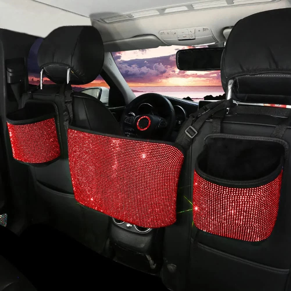 Plush,Red Car StorageTrash Storage Between Net Seat Handbag Bling Pocket Holder - Car Backseat Seat,Back Organizer,Car Bag,3-Pack Auto Can,Rhinestones Seat Accessories eing