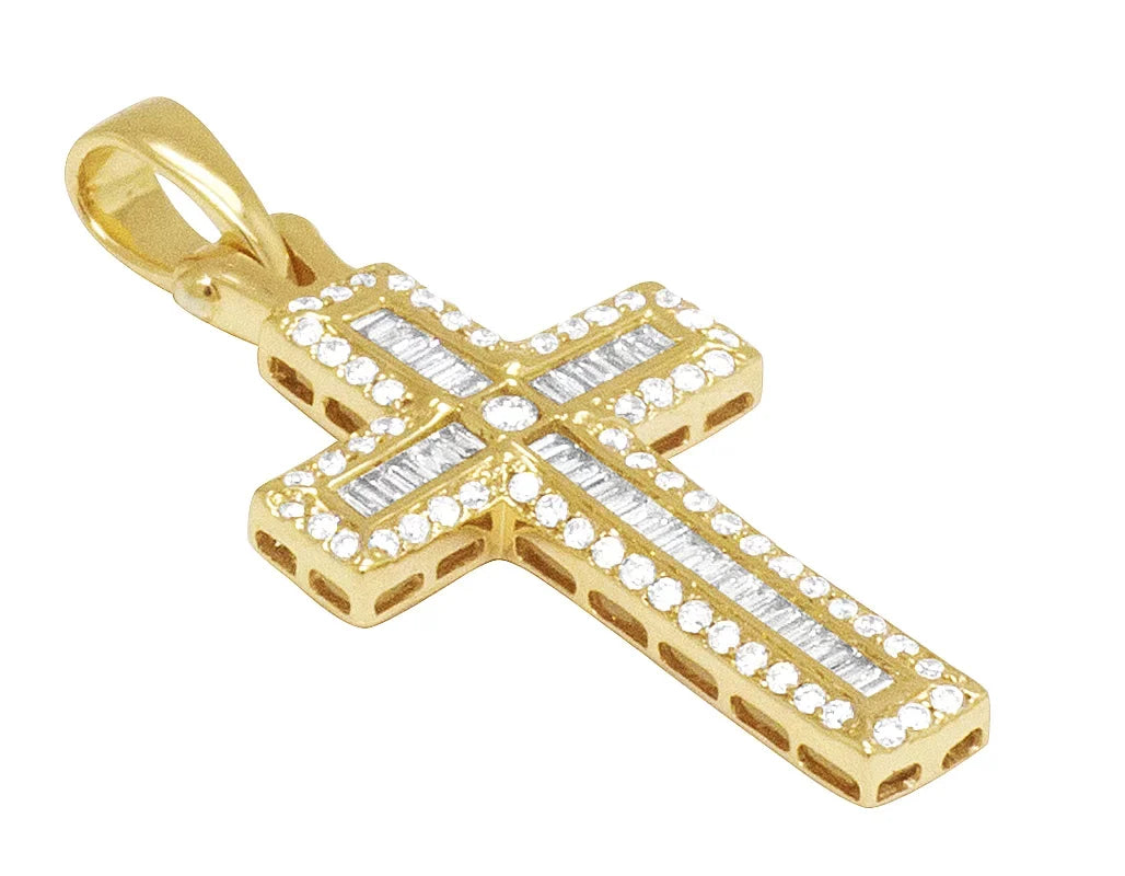 0.4CT Baguette 14K Yellow Gold Diamond Cross 1.25"