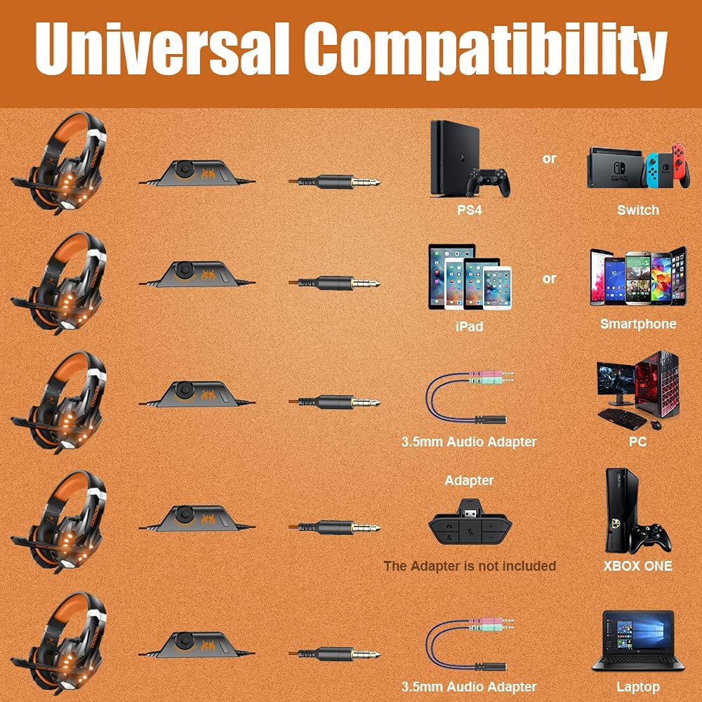 Over One Soft Bass Gaming Xbox PC, for Memory with G9000 Cancelling Noise Mic, Headset Controller, Surround, PS4, Headphones Ear Earmuffs Light, LED Stereo (Orange) BENGOO