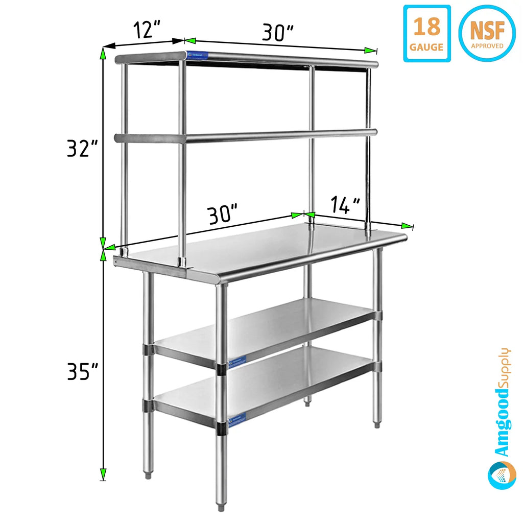 12" & Shelves With Double Overshelf Combo 30" x Two 14" Stainless Tier Prep Steel Metal Table Kitchen Work Wide Table | Shelving |
