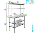 12" & Shelves With Double Overshelf Combo 30" x Two 14" Stainless Tier Prep Steel Metal Table Kitchen Work Wide Table | Shelving |
