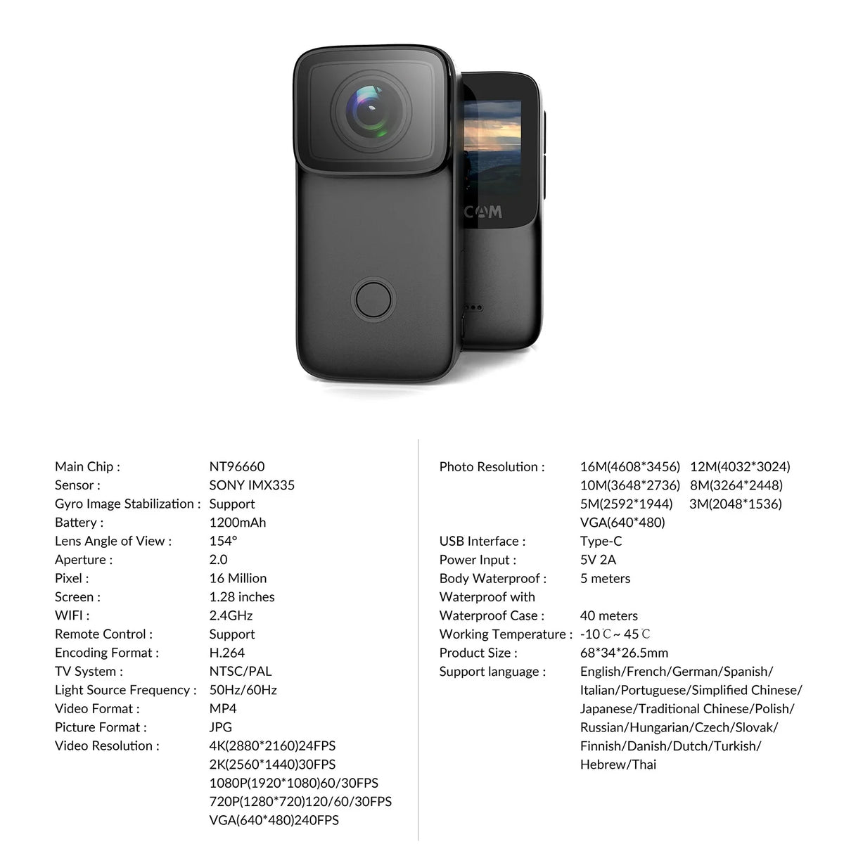 Face IPS Built-in 1.28 WiFi Supports Anti-Shake with 5M Action Recognition C200 Camera Mini 4K SJCAM Battery Vision Screen 6-Axis Night Body Inch Rechargeable Waterproof