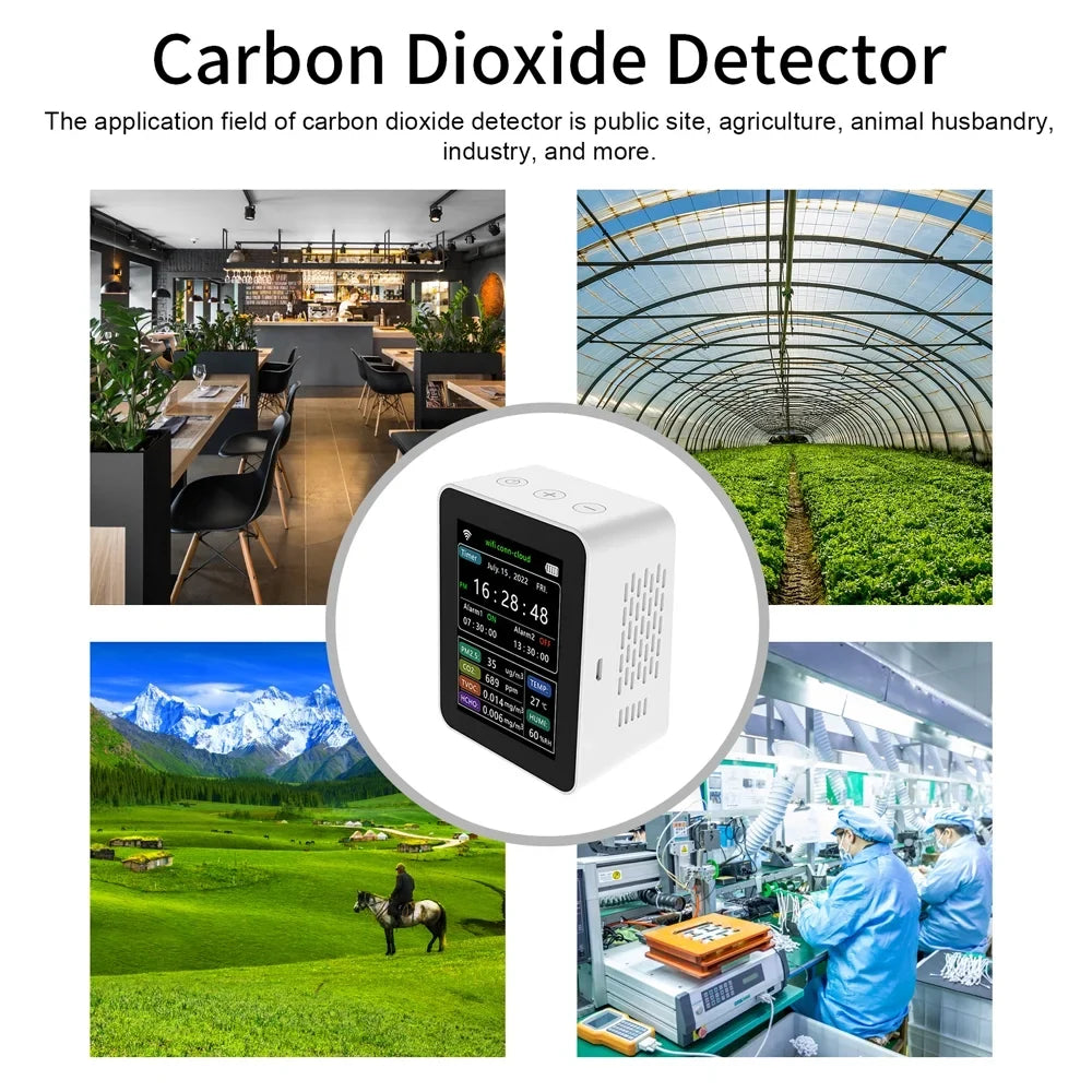 Wifi App Co2 Alarm grade Viewing Intelligent Sets Time Display Mobilephone Week 6 Date Temperature Desk Remotes Indoor 2 1 In Home Tvoc Air Clock Detector Hcho Detector Pm2.5 Humidity