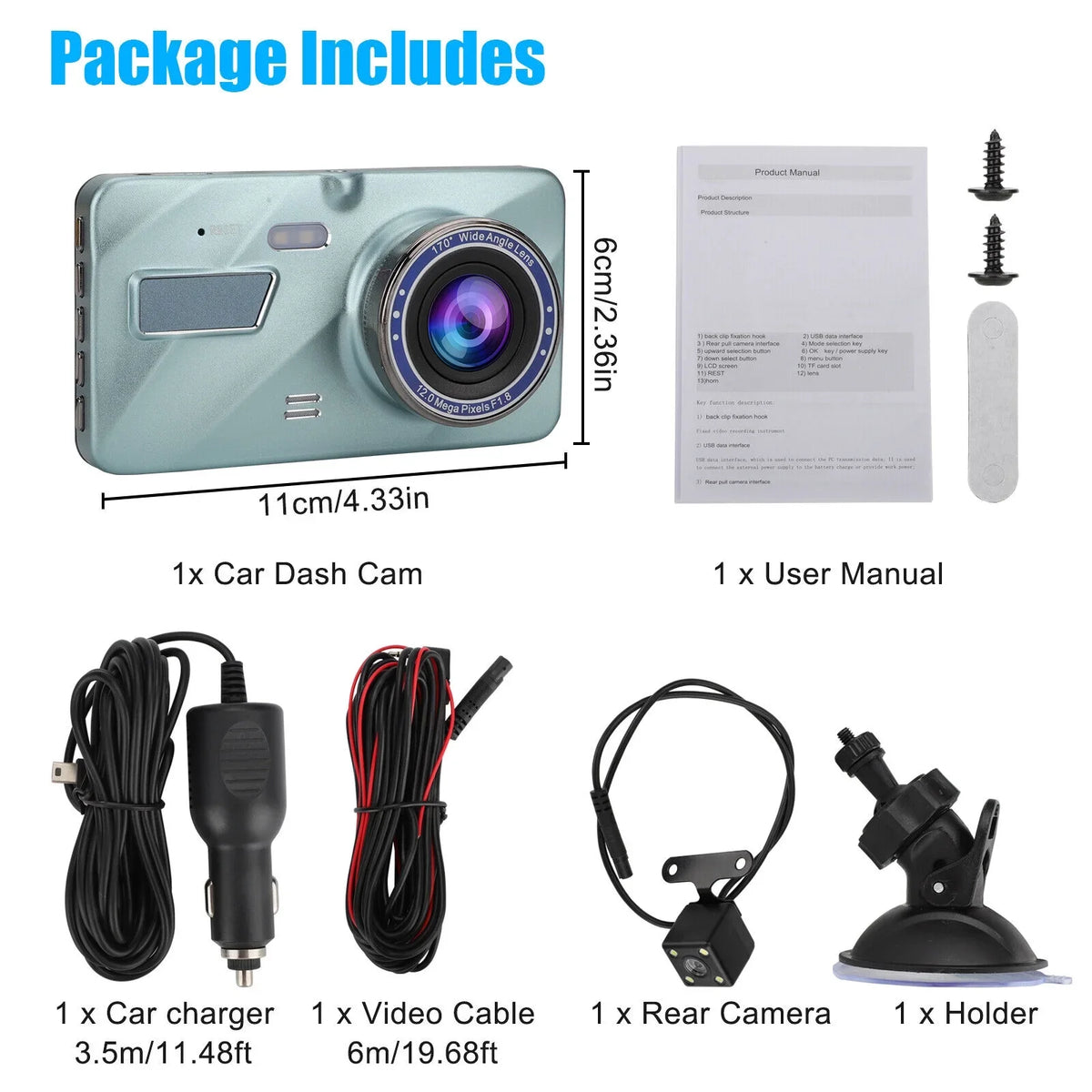 View G-Sensor Dash DVR Camera Car HD 1080P Front Lens 2 Recorder Video Rear Cam