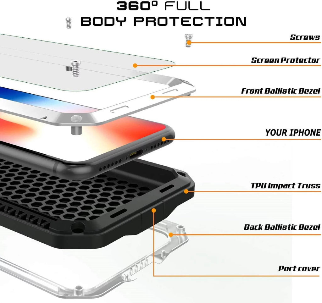 Aluminum Rugged Military and Metal Gorilla Scratch iPhone Glass Heavy exterior Travel Resistant Shockproof 5 Grade Protection, Case (Silver) Duty