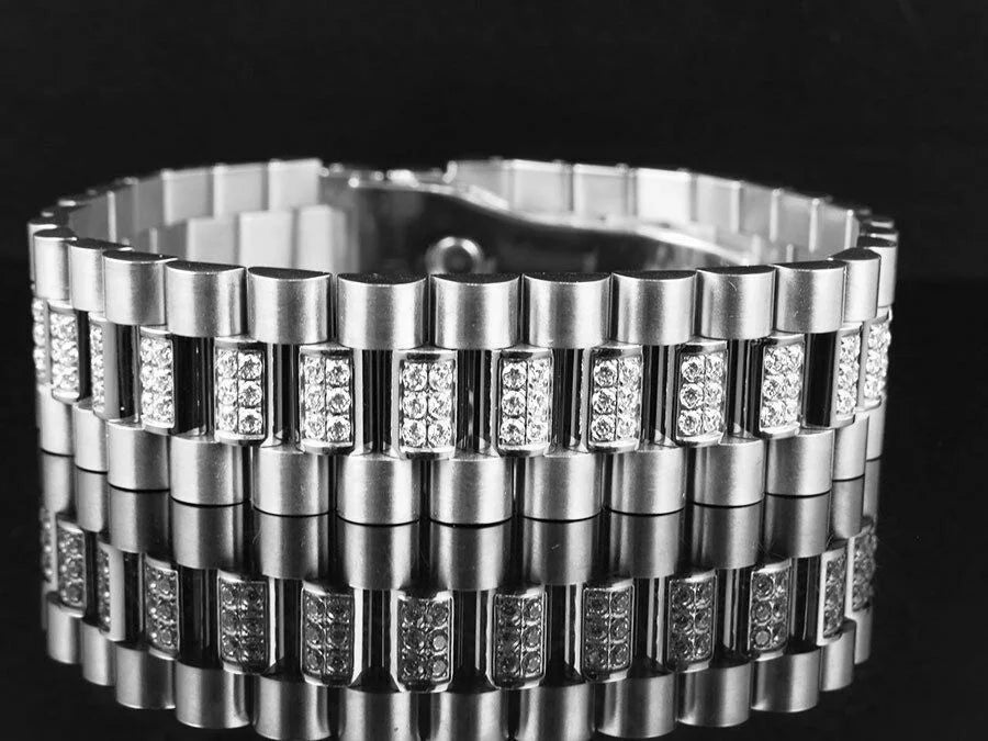 Mens White Finish Diamond Gold Bracelet Presidential Stainless Lab Steel (18MM)