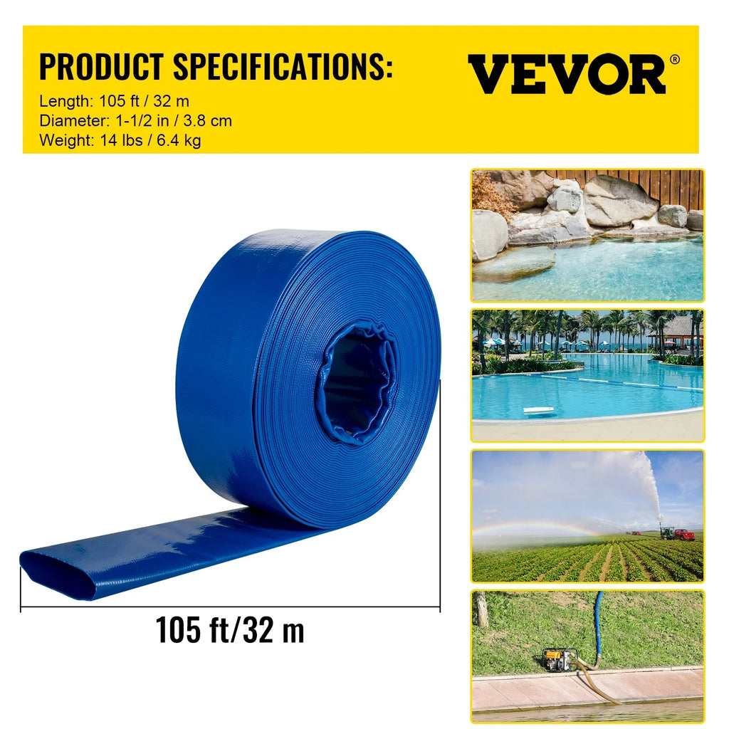 Clamps, Hose x Hose, Transfer Duty Burst-proof, Pool for climate-proof & 1-1/2" 105', Ideal Fabric Lay BENTISM liquid Backwash Heavy with Swimming Drain Discharge Flat PVC Hose, &