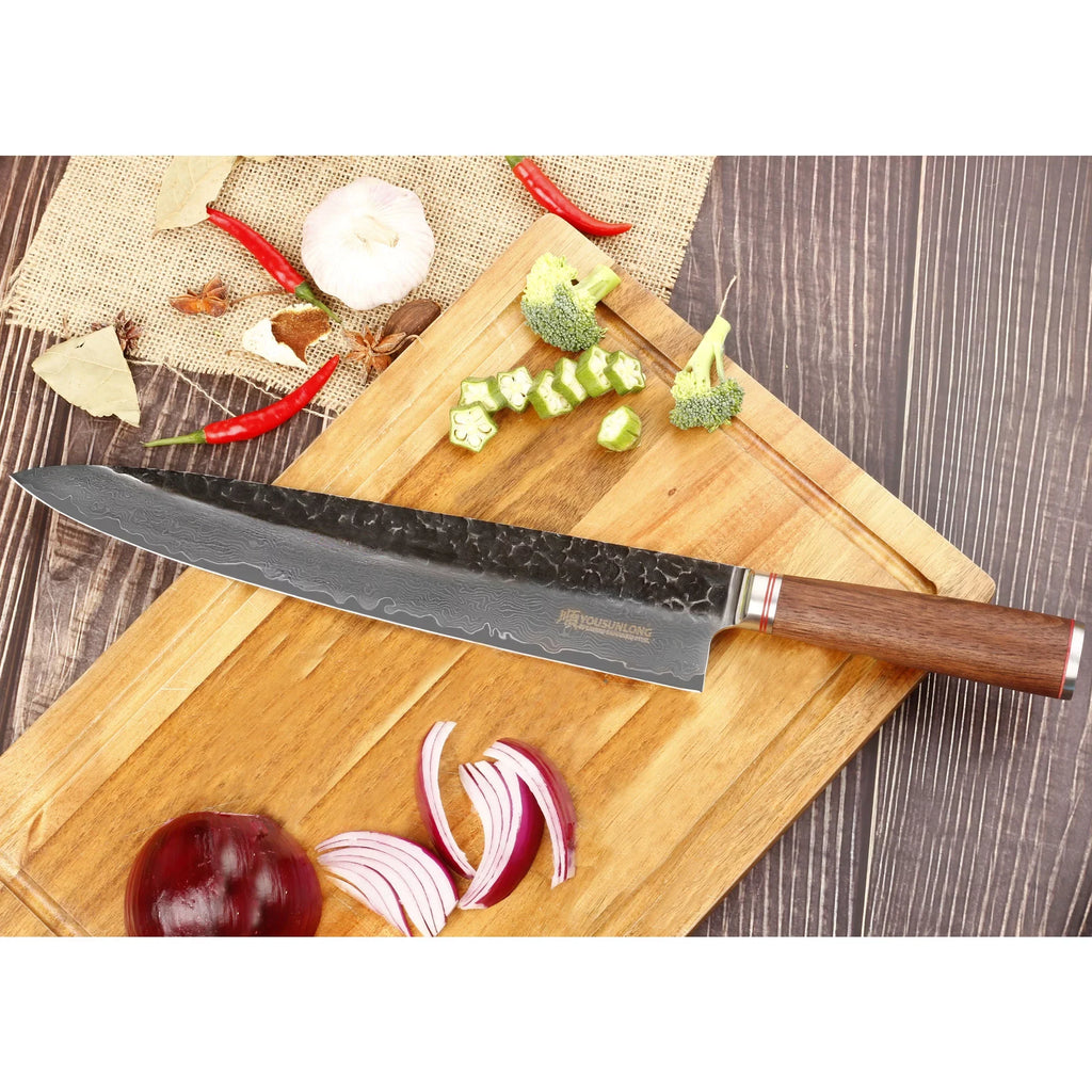 Wooden Sheath Leather inch Walnut Handle Knife YOUSUNLONG 12 Japanese Damascus Hammered Pro Steel Chef with - Gyuto Natural