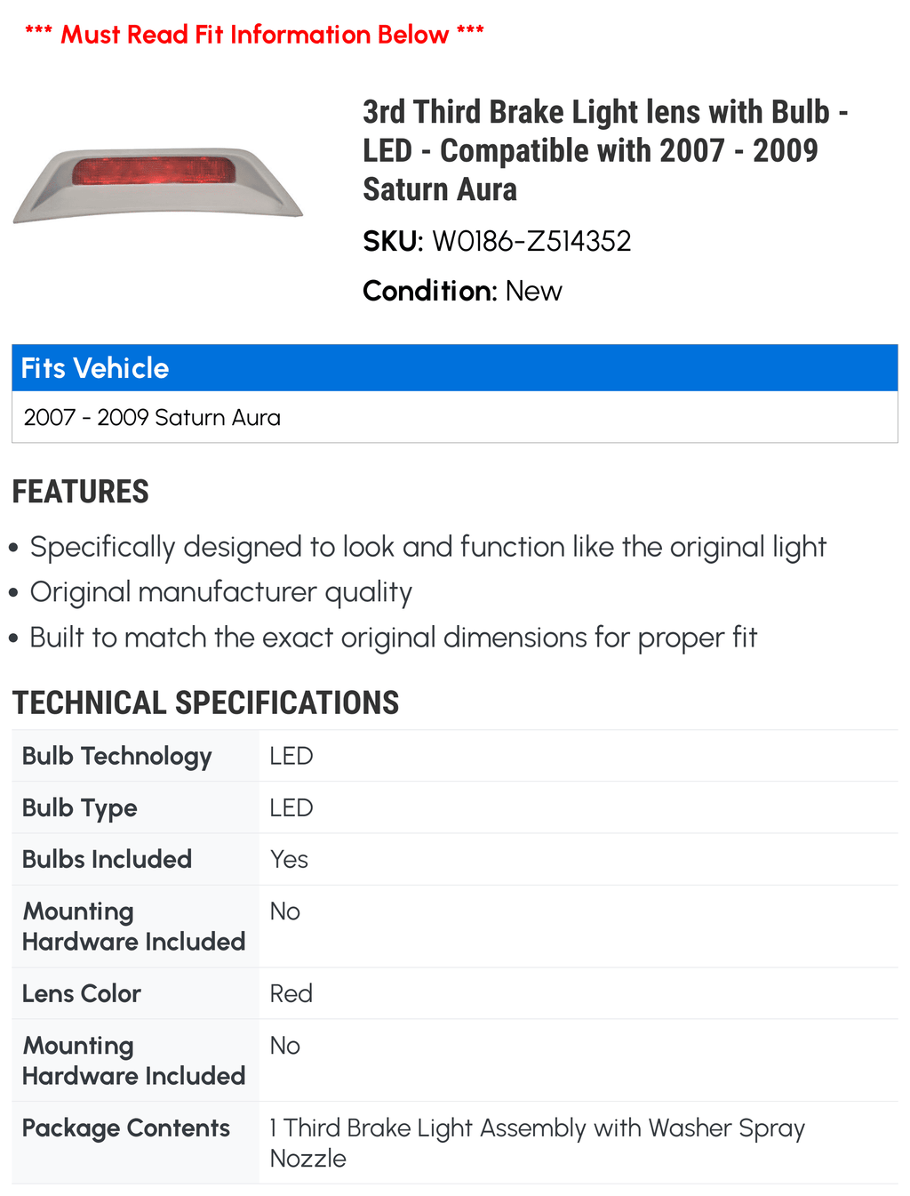 Compatible 2008 3rd LED Light with with Bulb Third Brake - Aura lens 2007 - - 2009 Saturn