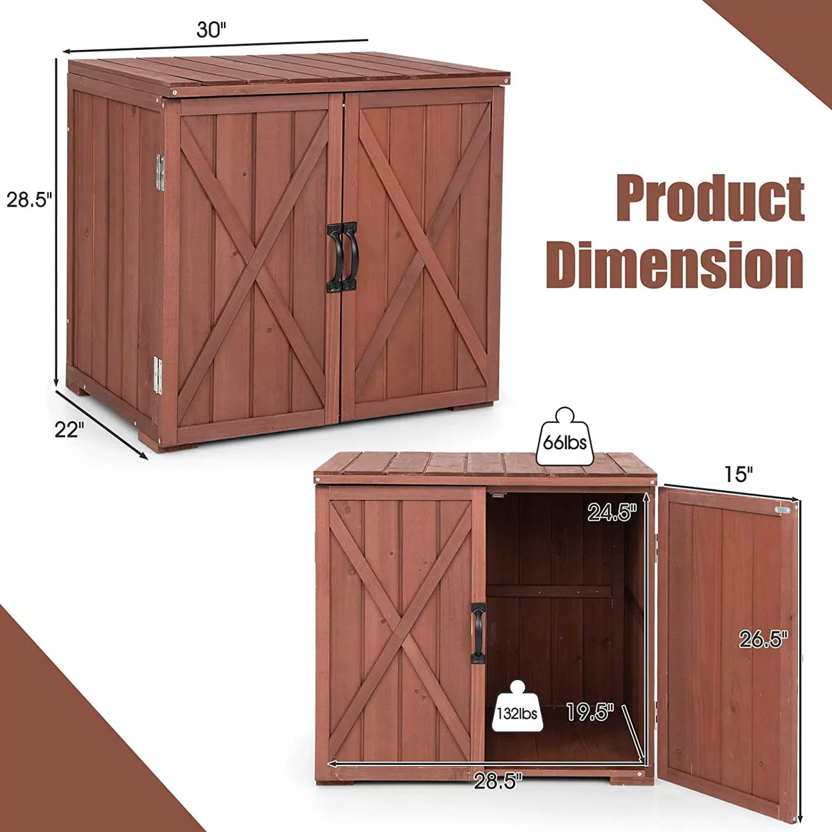 Storage 22" x 30" Storage Backyard Storage Easy (Brown) Garden Porch, exterior Countertop, W/Spacious 28.5" Tool 30" Wooden Assembly, Cabinet & Deck Box x Inner for Space Box,