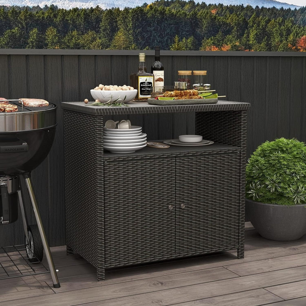 Cabinet Brown Coated Shelf, Dark Wicker Steel, AUCHI Powder Resin with Indoor exterior Wicker, All Storage 2-Door climate