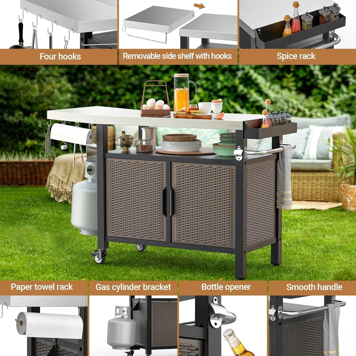 Island SUSIMOND with Stainless for Indoor Worktable Countertop, Wheels Table Cabinet Storage Side and with Rolling 53-Inch Steel Cart Dining Kitchen XL Shelf exterior