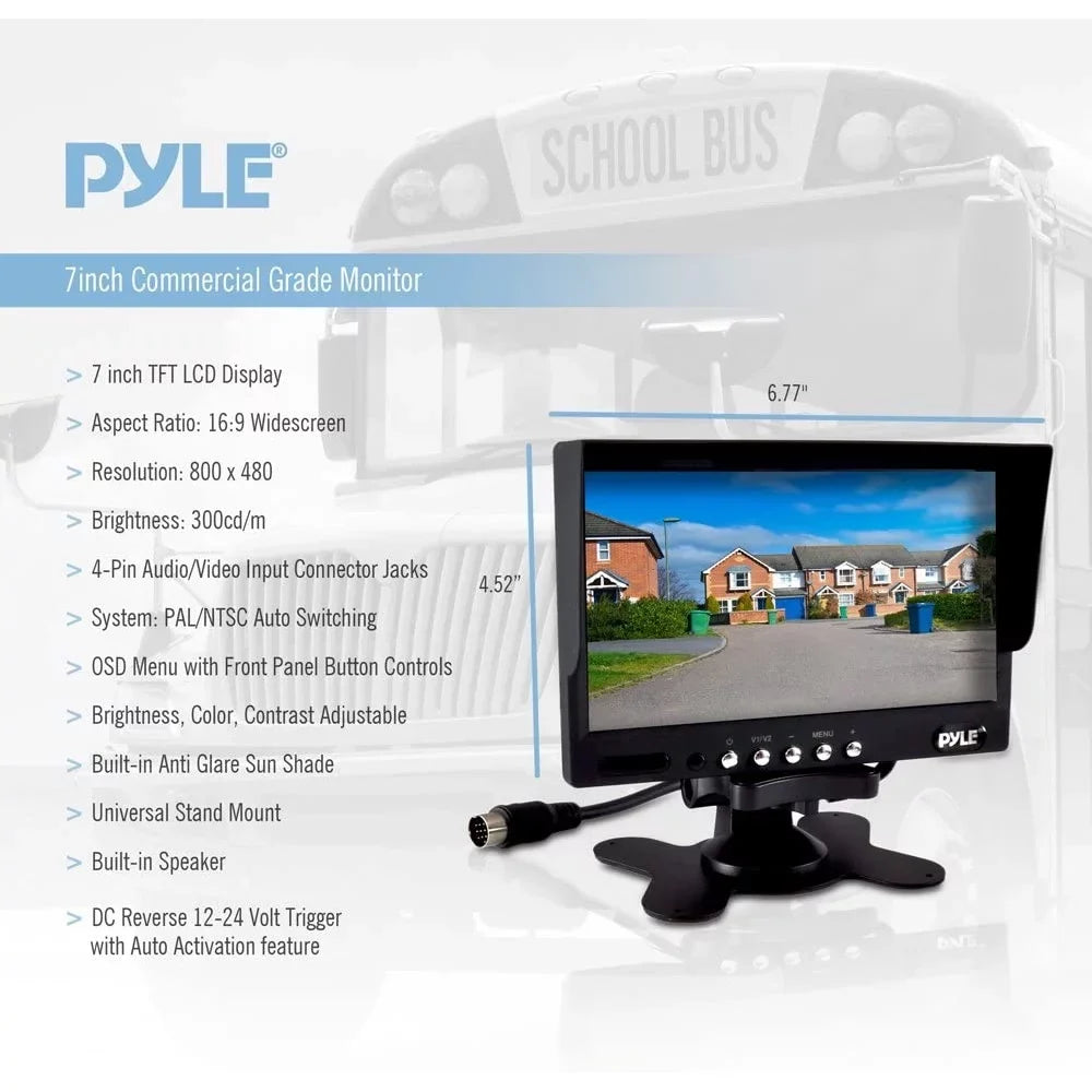 Rearview Video Commercial System, Dual & 2 Van Monitor, Weatherproof Bus, DC Cameras, Camera for Monitor Backup 12-24V Grade, Trailer, Truck, 7"