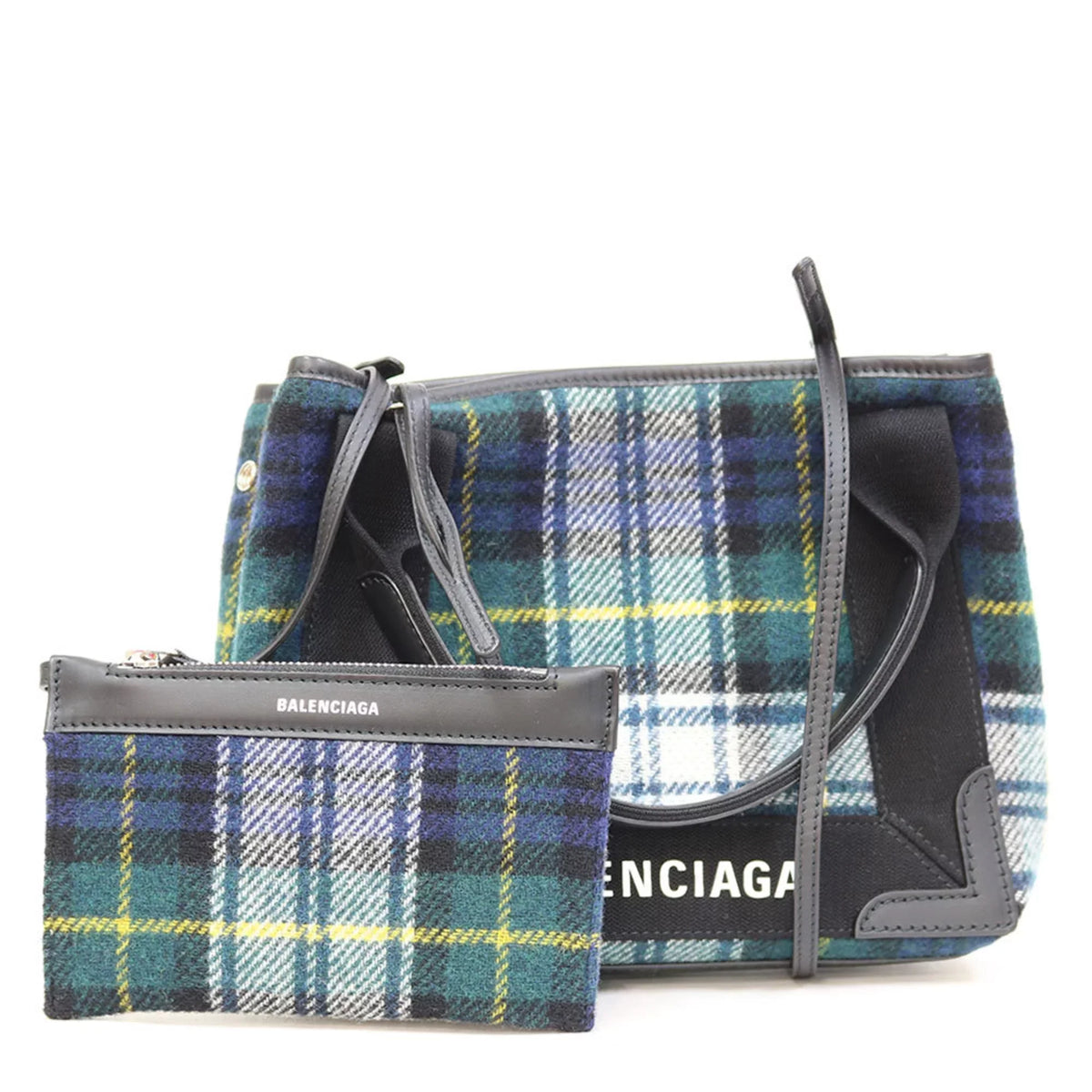 Women's Small Pre-Owned Plaid Navy Men's (Fair) Green Balenciaga Cabas Handbag
