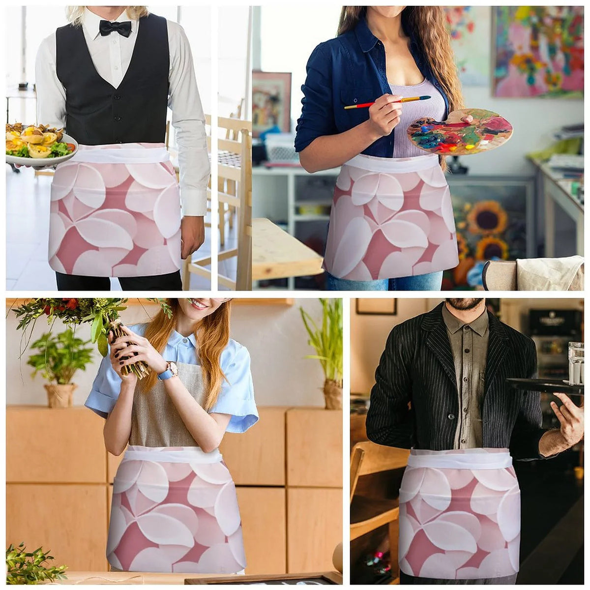 Pocket and Half Apron Pink Women's Polyester Durable Fashionable Cooking Body with Petal fabric