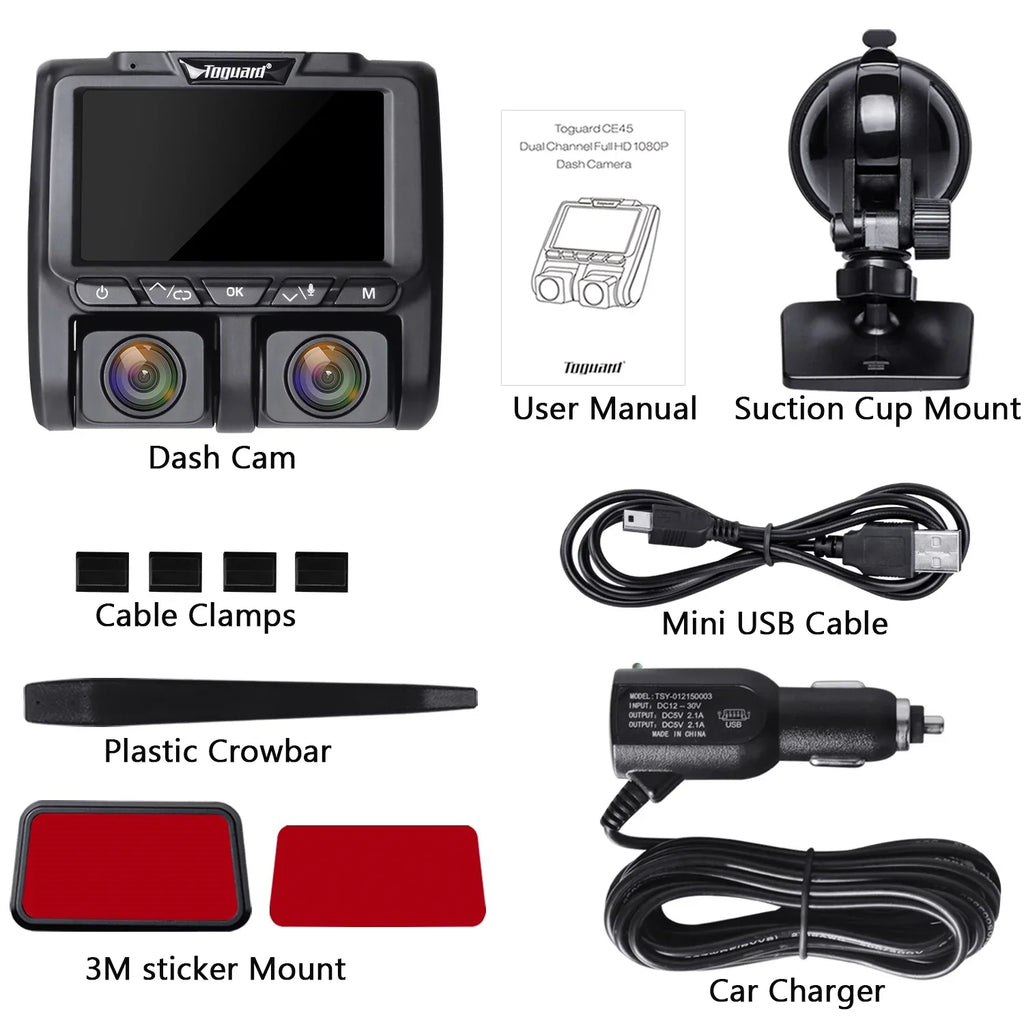 Full Dash TOGUARD Black HD LCD Camera 3" and Car Dashboard Dual Dash Cams 1080P+1080P Inside Camera Cam, Front