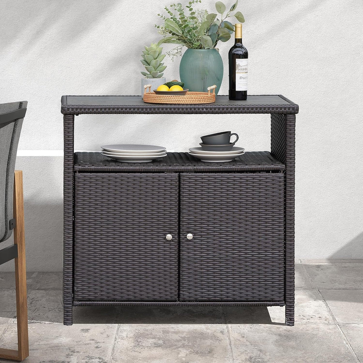 Cabinet Brown Coated Shelf, Dark Wicker Steel, AUCHI Powder Resin with Indoor exterior Wicker, All Storage 2-Door climate