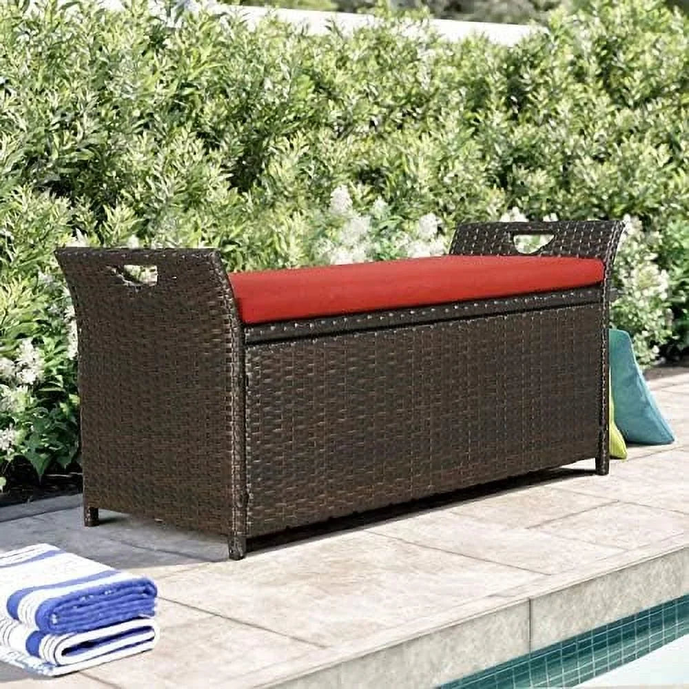 Deck Bench Patio Wicker YPZBBOOM Bins Rattan Box with exterior (Red) Cushion