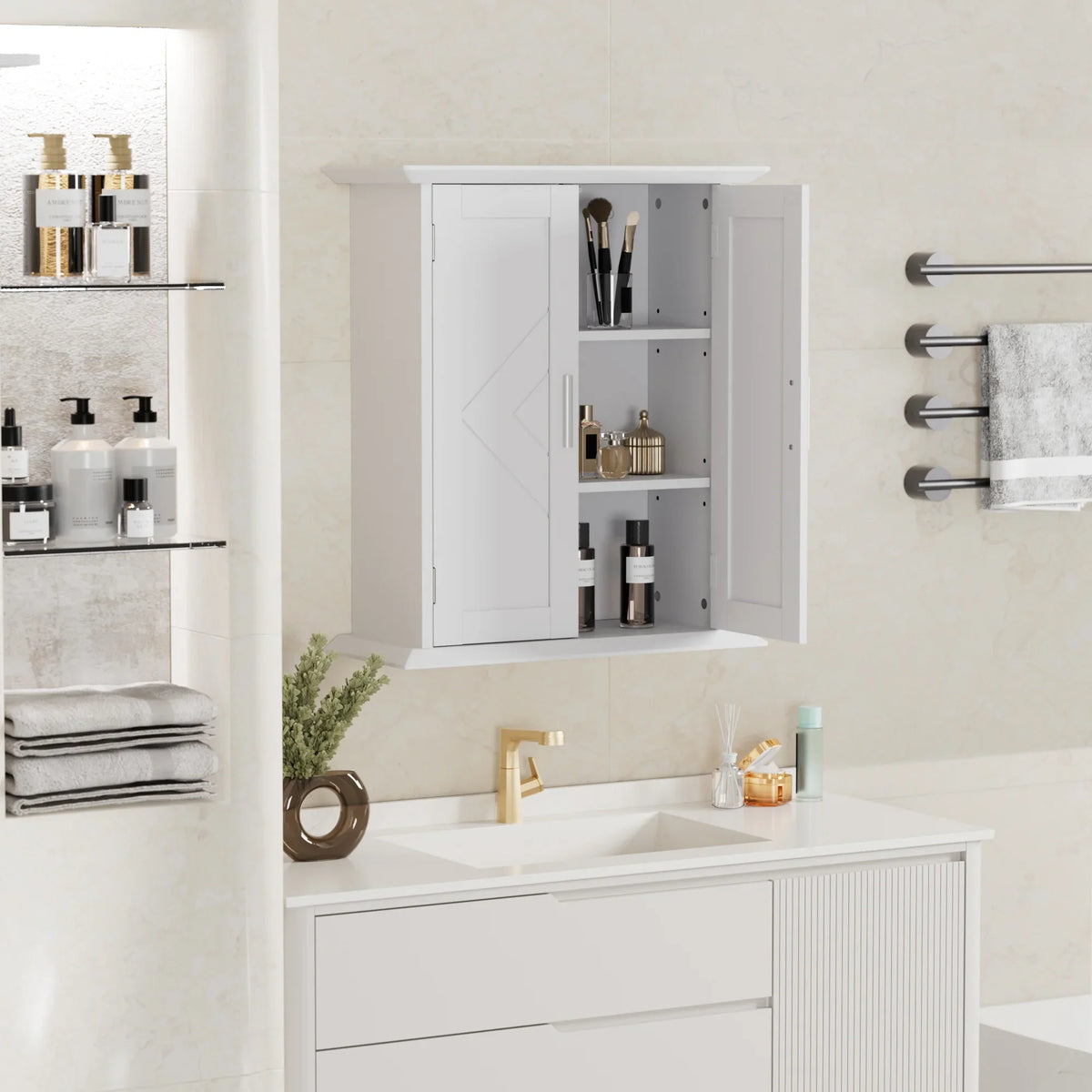 for Bathroom Hanging Storage Wooden Shelves, and Adjustable Cabinet Bathroom Door Kitchen with VECELO Room, Living Cabinet, Storage Wall Multipurpose Cabinet 2 White