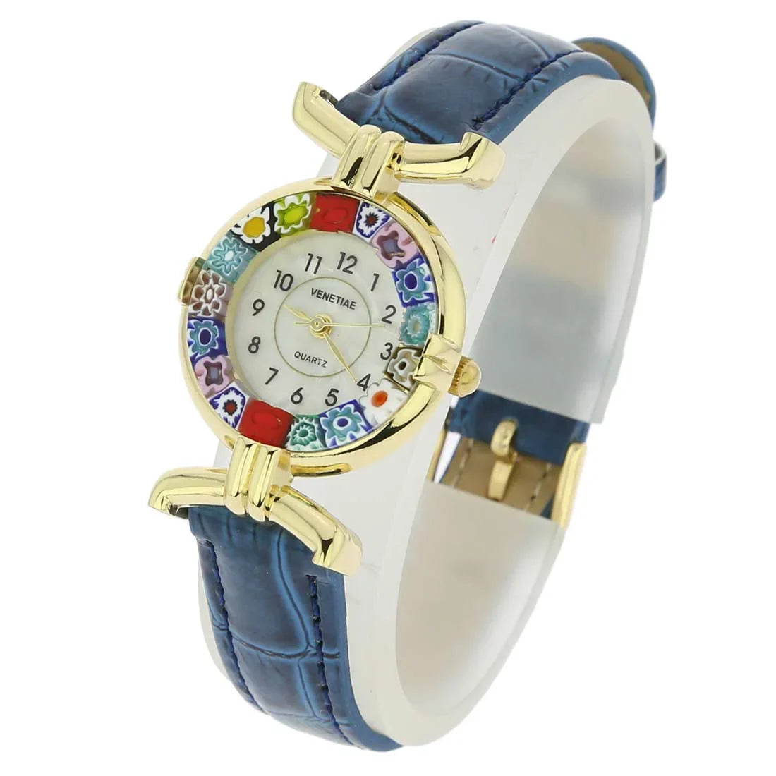 Glass Blue GlassOfVenice - Murano Millefiori Band Watch Leather with Multicolor
