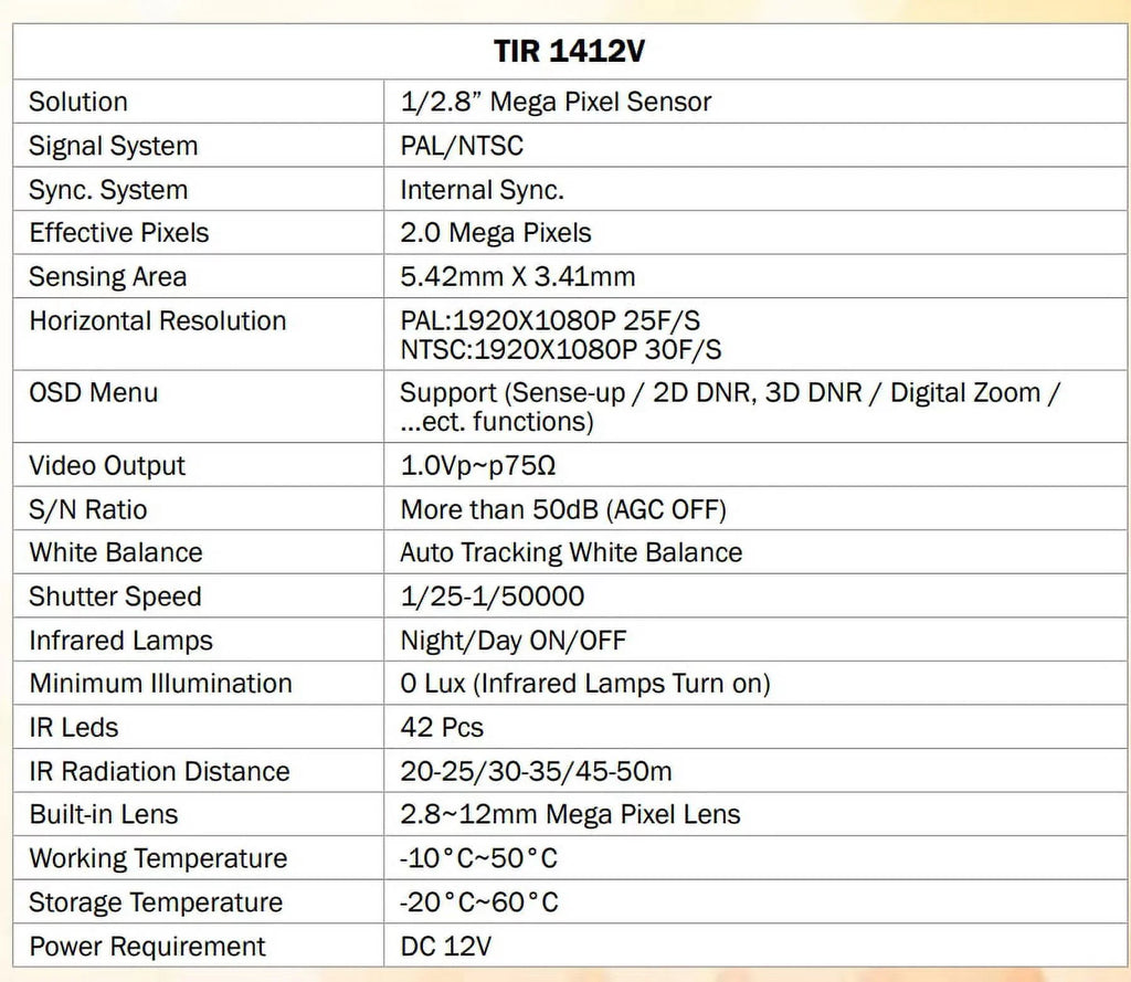 Bullet IR exterior 12V 42 LED Camera, DC, 2MP HD-TVI Sense-up Eyemax TIR-1412V-W 2.8-12mm,