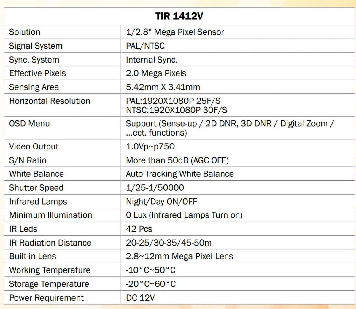 Bullet IR exterior 12V 42 LED Camera, DC, 2MP HD-TVI Sense-up Eyemax TIR-1412V-W 2.8-12mm,