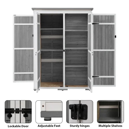 Garden Tool Shelves, Hx4.1ft White Doors, L Shed, 5.5ft Asphalt Four exterior Storage Waterproof Multiple-tier Roof, and with Cabinet Wood Gray Lockable