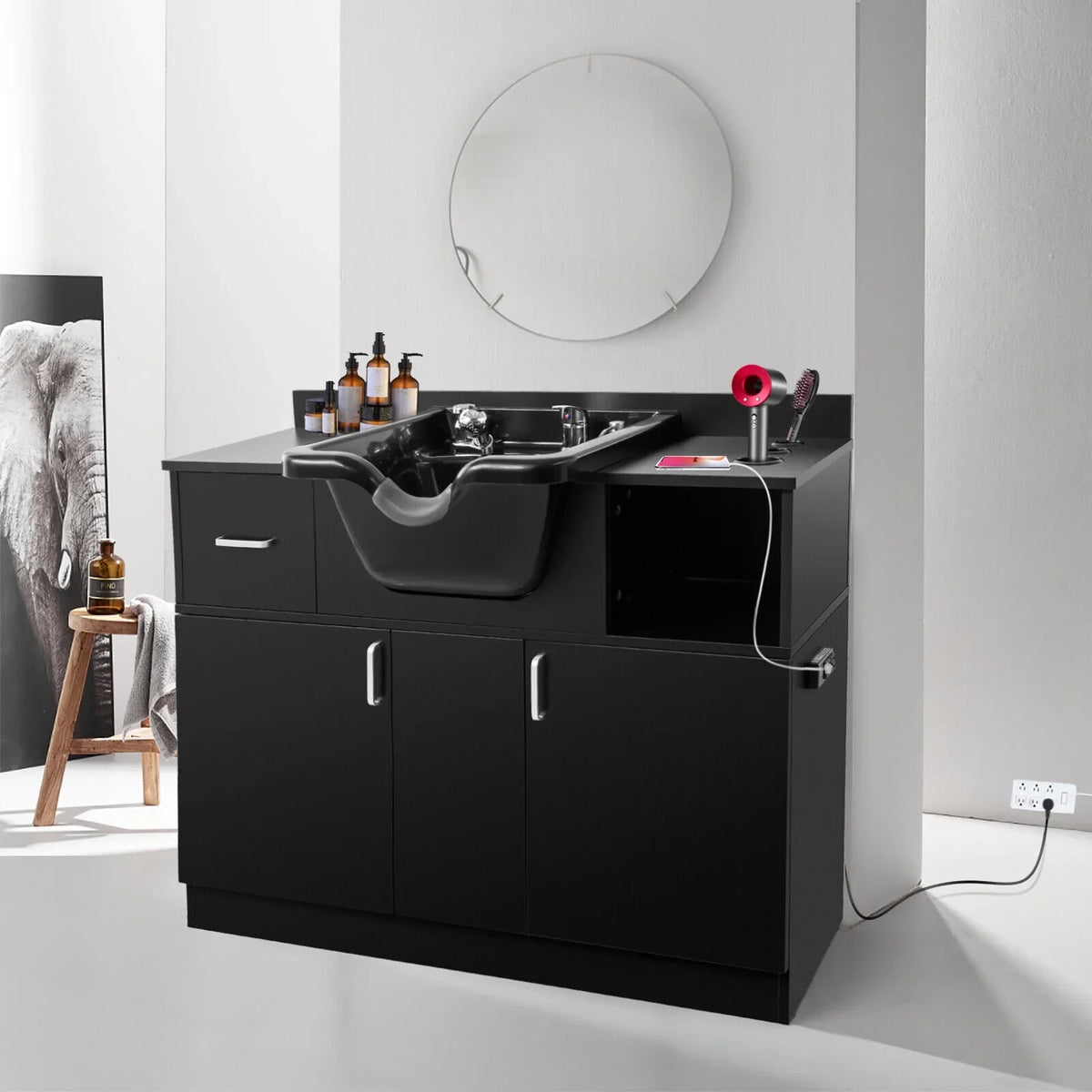 Dryer Sink USB,Hair hand with Hair Holes,P Station Salon Trap,Drawer(Black) Backwash Beauty Shampoo Artist