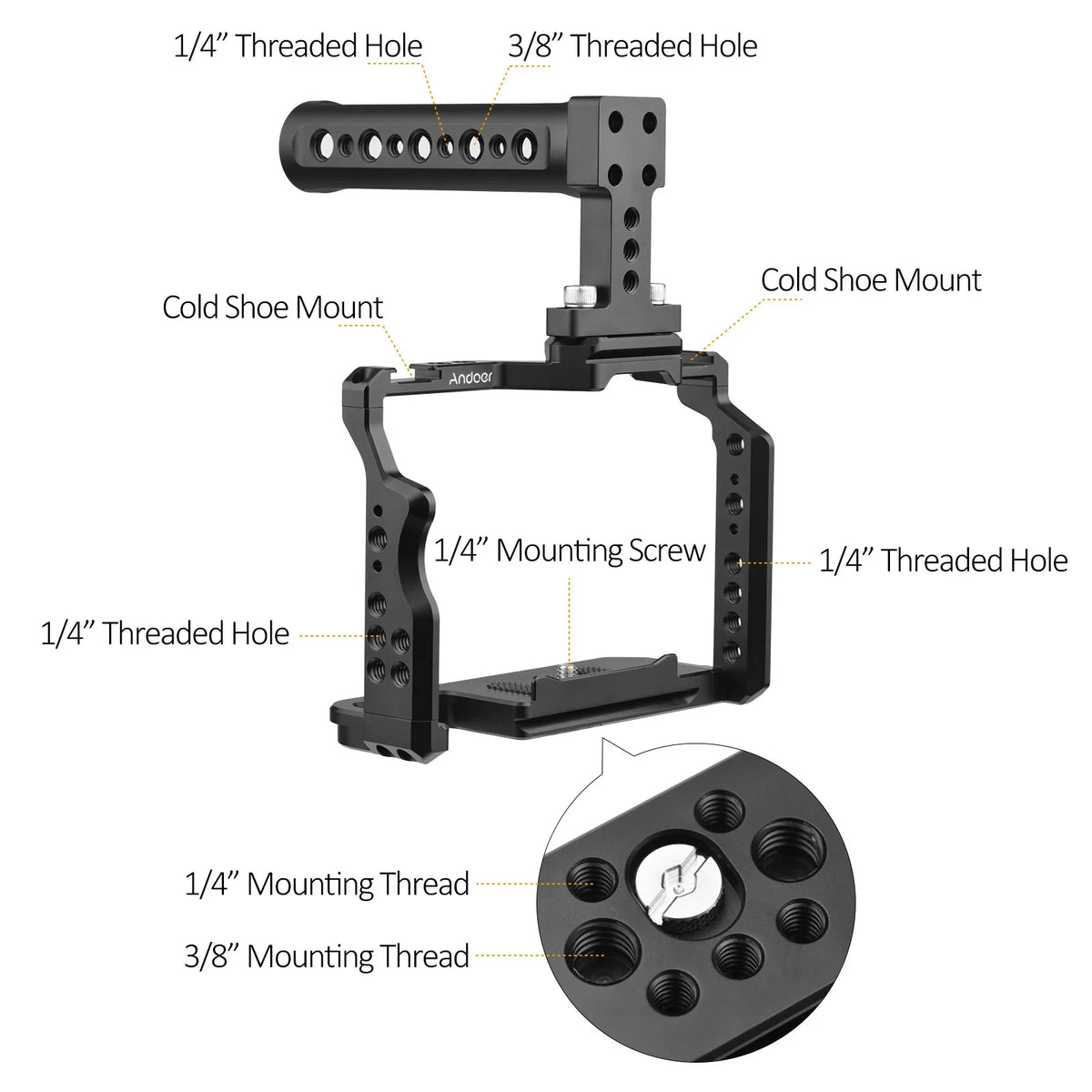 Kit for A7IV/ Handle + with II Replacement 1/4 Alloy Mounts A7S II/ III/ Threads Andoer A7II/ Dual A7III/ Camera Shoe Aluminum A7R Cold Video Inch Numerous A7R Cage