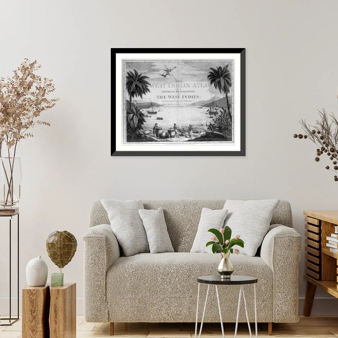 and x Historic British ships harbor], Indies two a Natives in Framed the and large scene [A West three in sailor showing casks, beach 17-7/8" the 21-7/8" Print, with the on