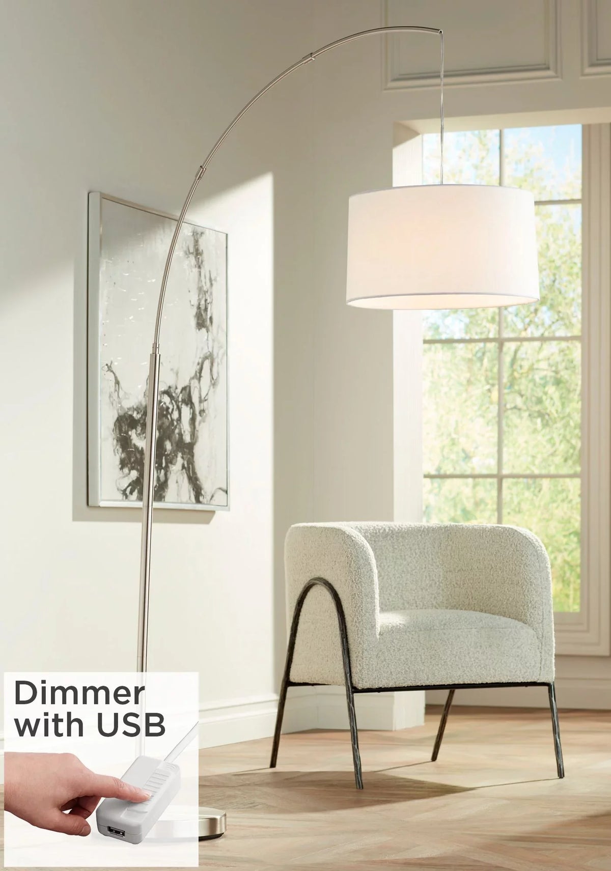 Lamp Drum with White 72" Port Shade Arc Brushed Nickel Floor House Room 360 Modern Reading Living for Charging Tall USB Lighting