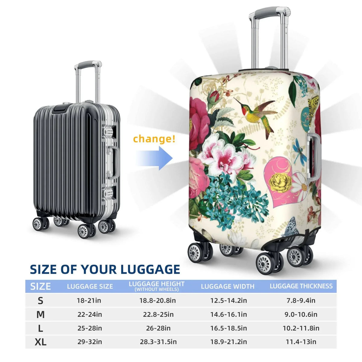 Zipper Rose Cover Print Bird Luggage inch Washable with Elastic Protective -Medium Suitcase Hidden Fits and 18-32 Easygdp Butterfly