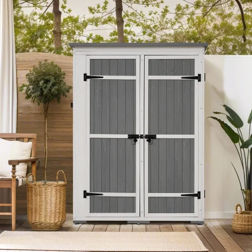 Garden Tool Shelves, Hx4.1ft White Doors, L Shed, 5.5ft Asphalt Four exterior Storage Waterproof Multiple-tier Roof, and with Cabinet Wood Gray Lockable