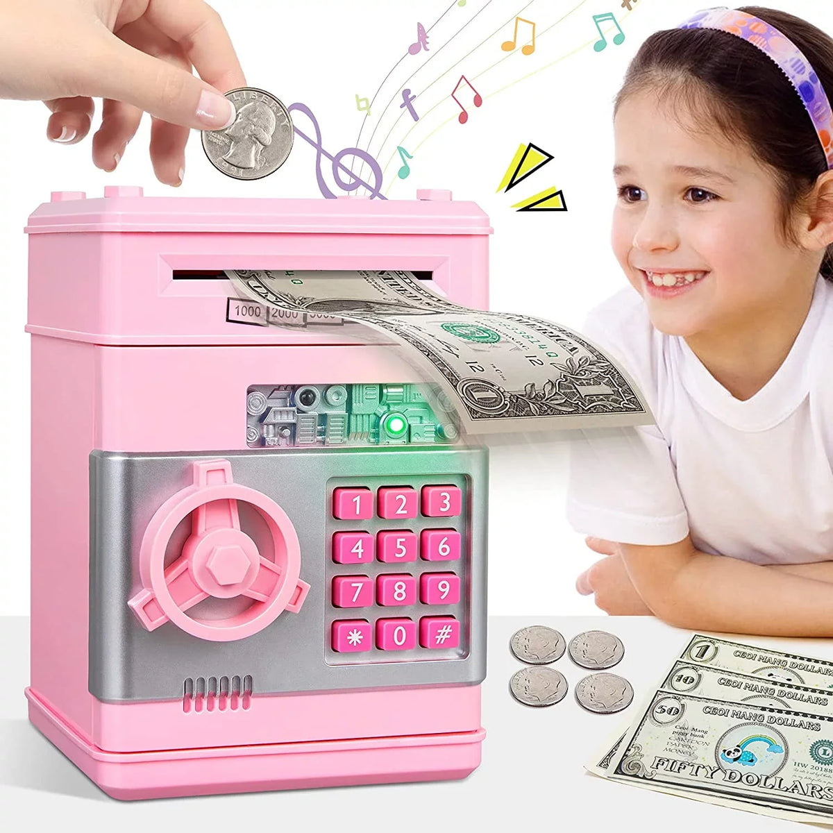Gifts Digital (Pink/Silver) Money Kids Money ATM ATM Savings Real Kids Coin Password Saving Bank Cash for Piggy Girls Toy Boys Bank Mini Electronic Box Adult Savings Safe Machine
